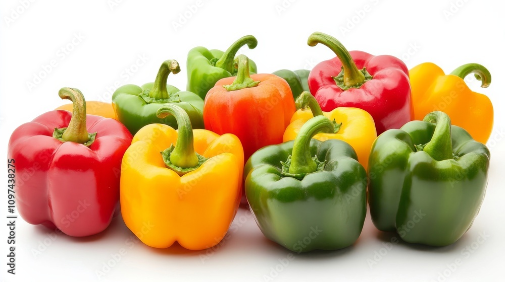 A medley of colorful bell peppers, each pepper vibrant and crisp, Their glossy surfaces reflecting light A medley of colorful bell peppers, each pepper vibrant and crisp, Their glossy surfaces reflecting light