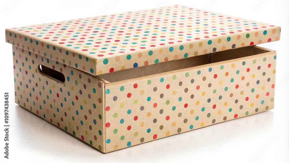 A Colorful Polka Dot Cardboard Box with a Lid Slightly Ajar, Ideal for Storage or Gift Giving A Colorful Polka Dot Cardboard Box with a Lid Slightly Ajar, Ideal for Storage or Gift Giving
