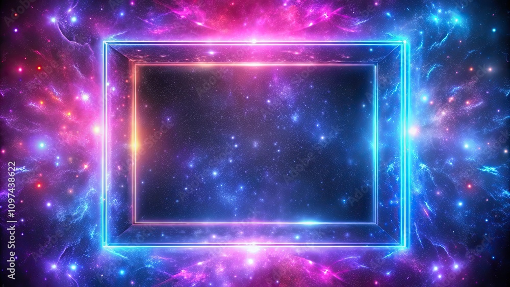 Obraz premium Neon glowing picture frame with abstract galaxy portal and fluorescent disco background, Neon, glossy, rectangle, glowing
