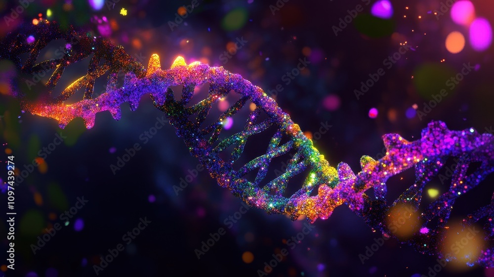 Sparkling DNA Double Helix Abstract Glittering Genetic Code in Vibrant Rainbow Colors - Scientific, Medical, and Technological Concept Sparkling DNA Double Helix Abstract Glittering Genetic Code in Vibrant Rainbow Colors - Scientific, Medical, and Technological Concept