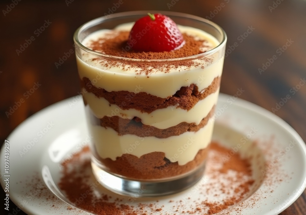 Delicious dessert featuring layers of cream and chocolate topped with fresh strawberry Delicious dessert featuring layers of cream and chocolate topped with fresh strawberry