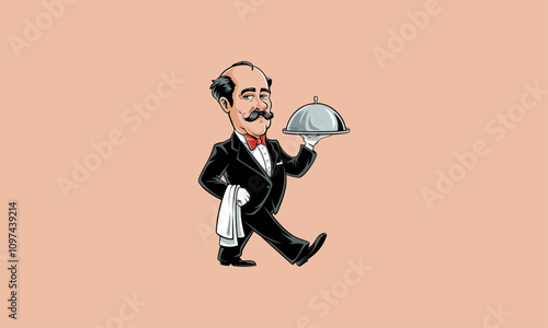 Elegant waiter with mustache carrying a covered food tray.