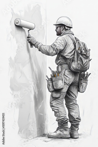 A single-line drawing of a wall painter using a thick roller to paint the wall in front of him, wearing helmet with some tools aroung his belt and in pockets, view from the side of the person. photo