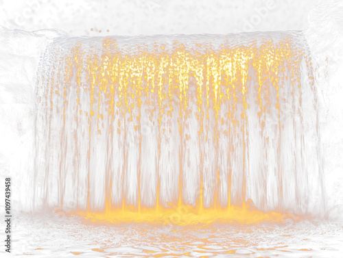 Fototapeta Naklejka Na Ścianę i Meble -  Illuminated waterfall at night, cascading water glows golden.