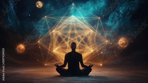 Emotional Balance. A serene figure meditates amid a cosmic backdrop, surrounded by glowing geometric shapes and celestial elements, symbolizing inner peace and universal connection.