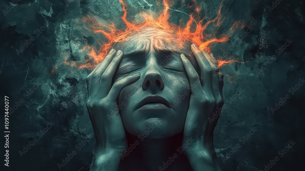 Surreal Art Woman's Head engulfed in Fiery, Abstract Pain, Mental Health, Emotional Distress, Dark Fantasy, Digital Art. Surreal Art Woman's Head engulfed in Fiery, Abstract Pain, Mental Health, Emotional Distress, Dark Fantasy, Digital Art.