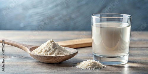 A scoop of collagen protein powder next to a glass of water, promoting beauty and health supplements, collagen, protein, powder photo