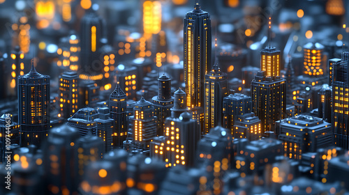 A close-up of a city's skyline at night, featuring intricate details of lit-up windows and architectural designs 