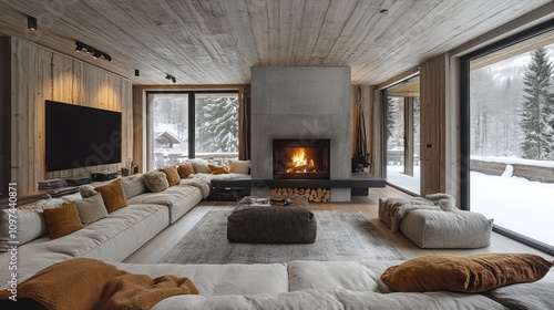 Modern Mountain Cabin Living Room With Fireplace photo