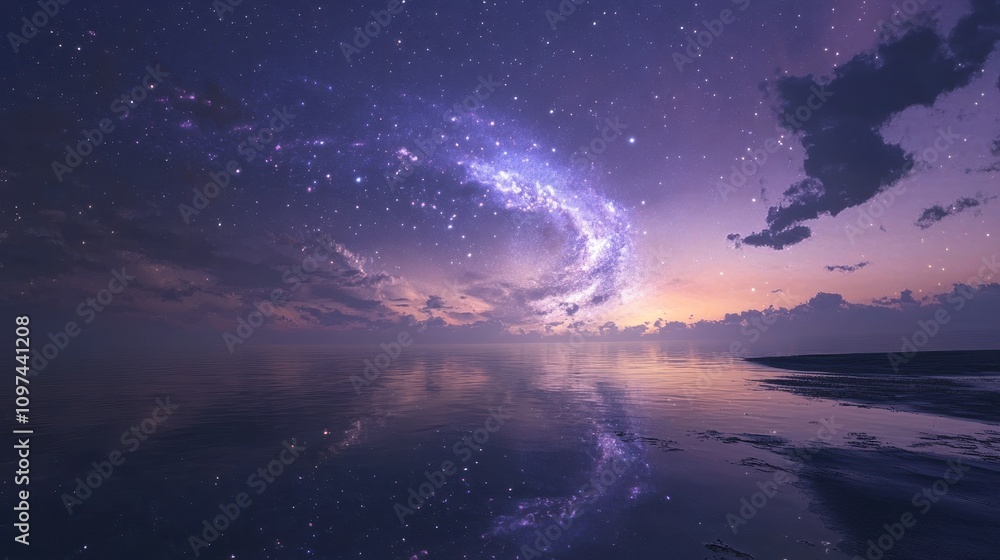 Serene Twilight Seascape Stunning Milky Way Galaxy Reflection on Calm Ocean Waters at Sunset - Night Sky Photography Serene Twilight Seascape Stunning Milky Way Galaxy Reflection on Calm Ocean Waters at Sunset - Night Sky Photography