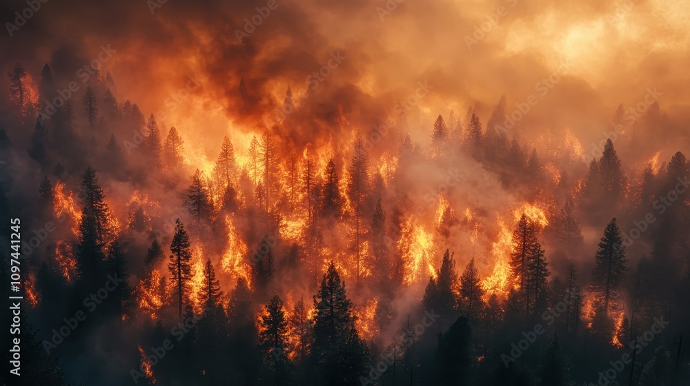 Fiery Inferno Aerial View of a Wildfire Ravaging a Coniferous Forest at Sunset - Stock Photo Fiery Inferno Aerial View of a Wildfire Ravaging a Coniferous Forest at Sunset - Stock Photo