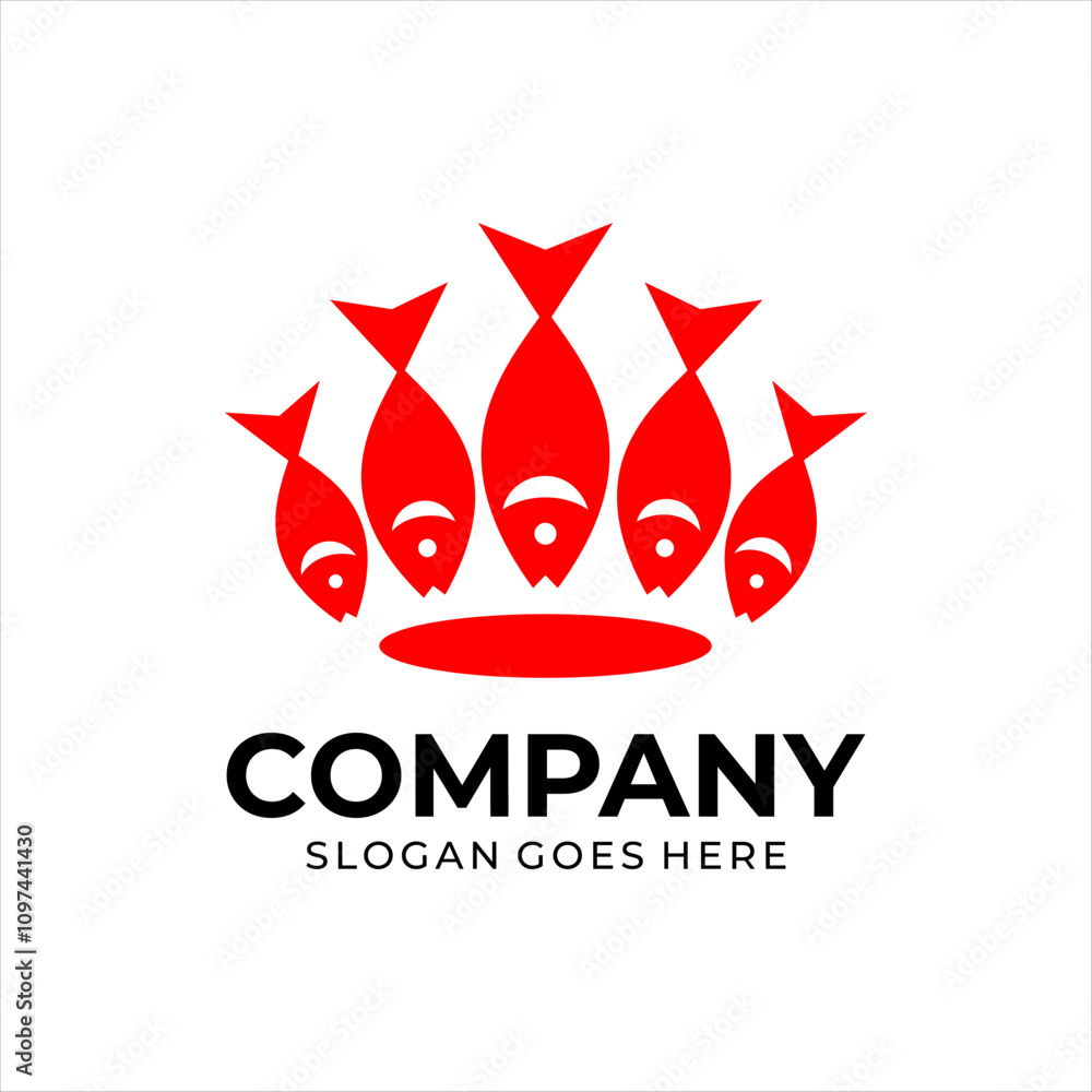 The logo combines fish into a cool crown, the logo is red. The logo combines fish into a cool crown, the logo is red.