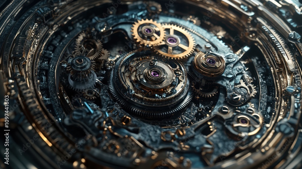 Fototapeta premium Intricate Close-Up of a Complex Mechanical Watch Movement Gold and Dark Grey Gears, Steampunk Aesthetic