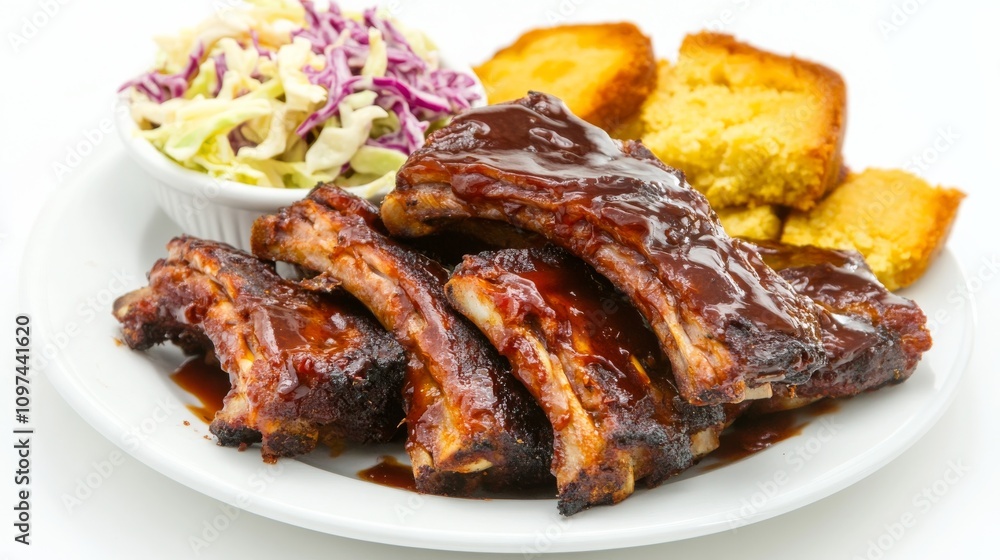 A mouthwatering plate of barbecue ribs glazed with tangy sauce and served with coleslaw and cornbread, Each rib's tender meat and sticky coating highlighted A mouthwatering plate of barbecue ribs glazed with tangy sauce and served with coleslaw and cornbread, Each rib's tender meat and sticky coating highlighted