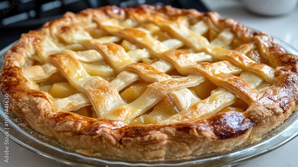 A picture of a delicious homemade apple pie with a golden brown lattice crust. Perfect for autumn and comfort food lovers. A picture of a delicious homemade apple pie with a golden brown lattice crust. Perfect for autumn and comfort food lovers.
