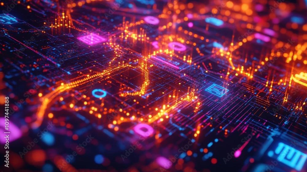 Abstract Digital Circuit Board Glowing Neon Lines and Nodes, Futuristic Technology Background Abstract Digital Circuit Board Glowing Neon Lines and Nodes, Futuristic Technology Background