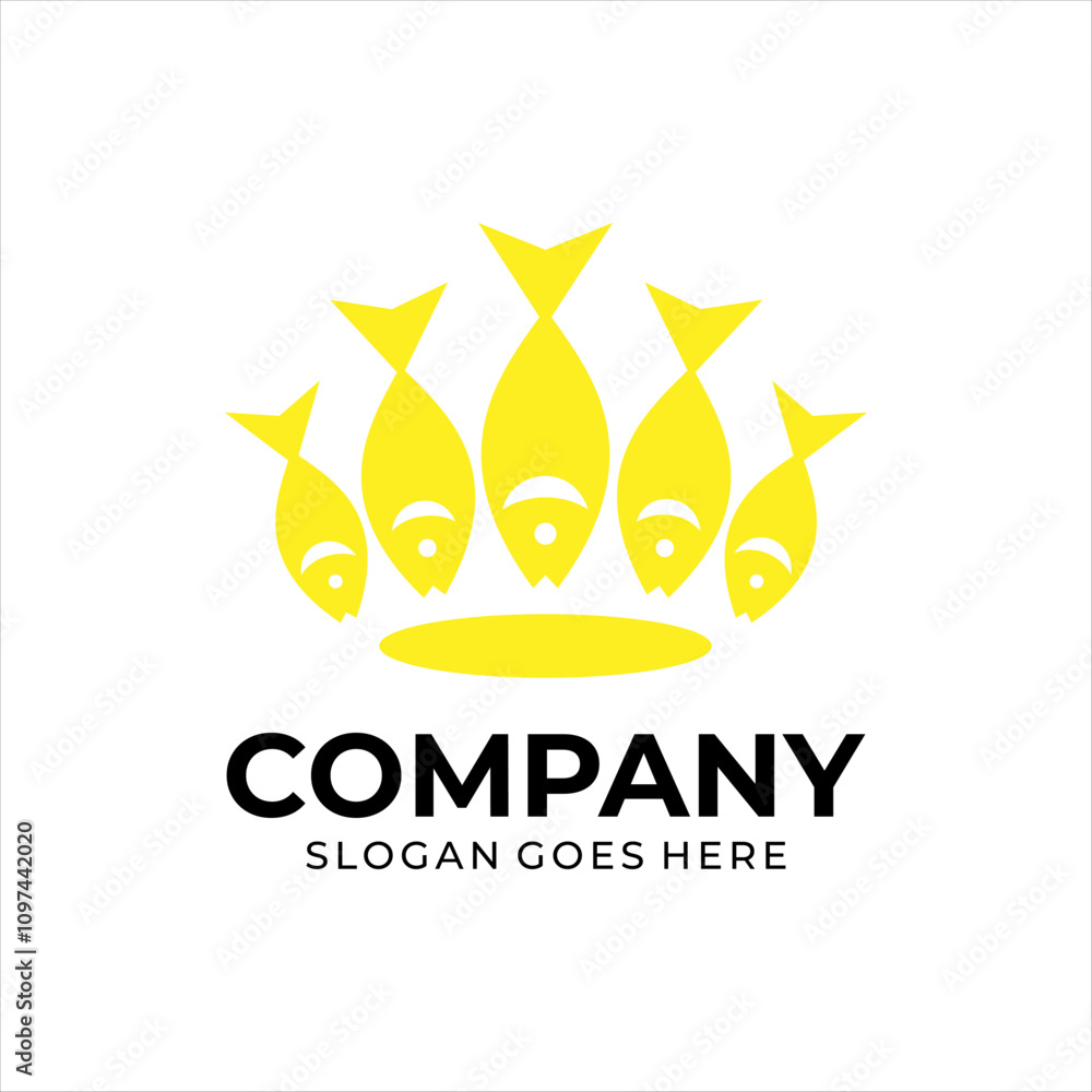 The logo combines fish into a cool crown, the logo is yellow. The logo combines fish into a cool crown, the logo is yellow.