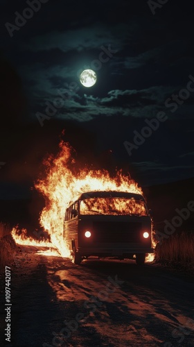 Dramatic nighttime scene of a burning van