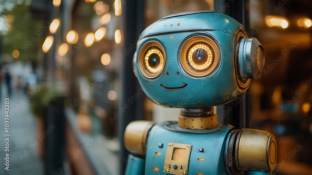 Robot smiles city image urban close-up technology Robot smiles city image urban close-up technology