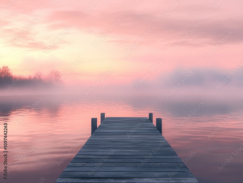 Serene Pink Sunrise over Misty Lake with Wooden Dock - Tranquil Nature Photography Serene Pink Sunrise over Misty Lake with Wooden Dock - Tranquil Nature Photography