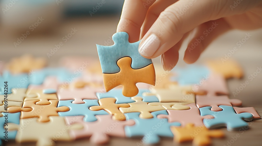 Hand placing puzzle piece on colorful board. Hand placing puzzle piece on colorful board.