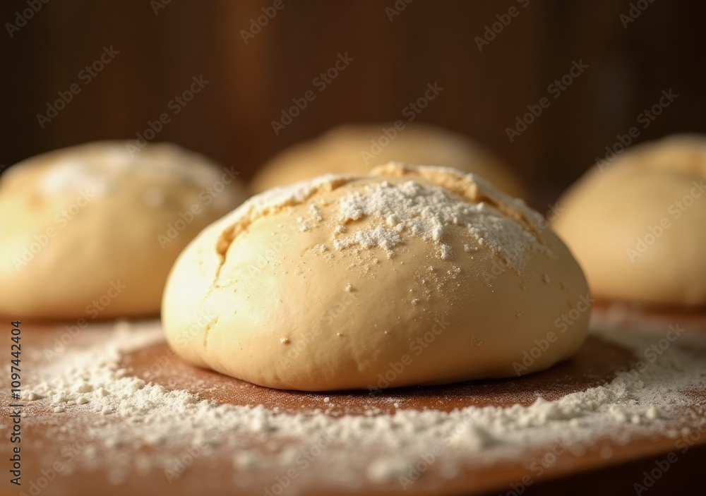 Freshly baked bread rolls resting on a wooden board with flour dust Freshly baked bread rolls resting on a wooden board with flour dust