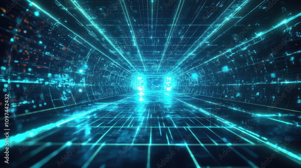 Futuristic Digital Tunnel Abstract Teal and Blue Data Stream, High-Tech Network, Cyberspace Background Futuristic Digital Tunnel Abstract Teal and Blue Data Stream, High-Tech Network, Cyberspace Background