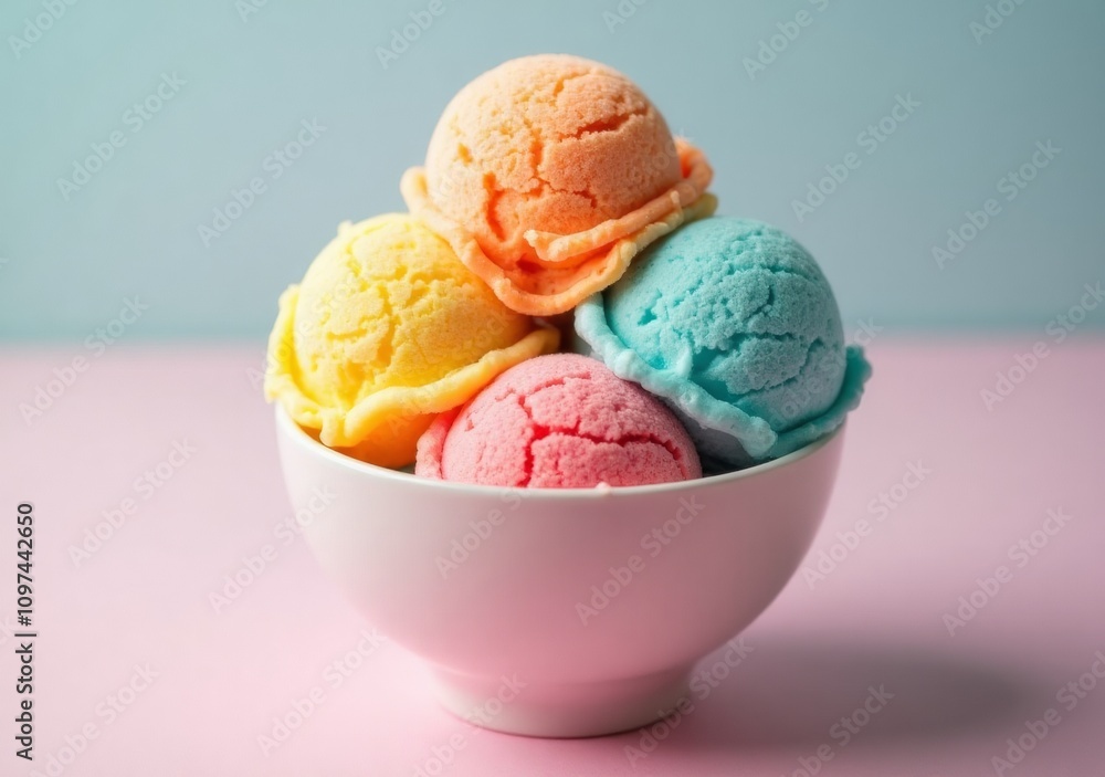 Colorful ice cream scoops in a white bowl on a pastel pink surface Colorful ice cream scoops in a white bowl on a pastel pink surface