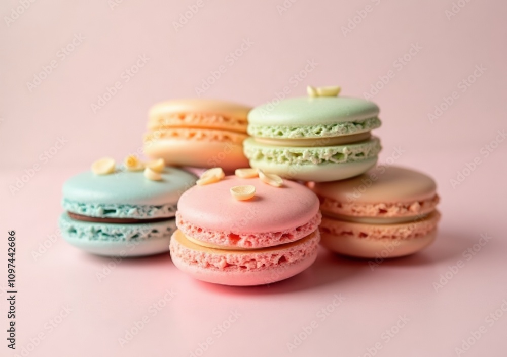 Fototapeta premium Colorful macarons stacked together on a soft pink background
