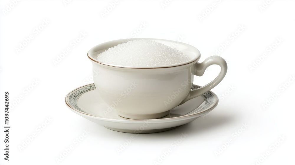 white sugar bowl filled with granulated sugar on plate white sugar bowl filled with granulated sugar on plate