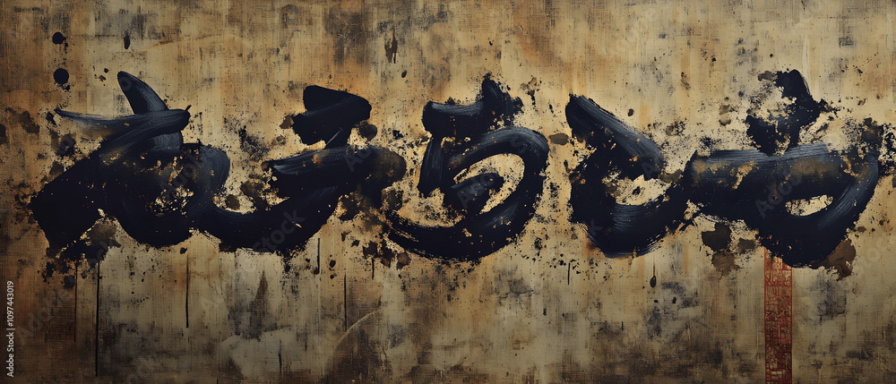 Naklejka premium Abstract Black Ink Calligraphy Painting on Gold