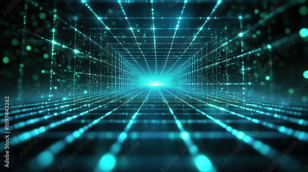 Futuristic Teal Data Stream Abstract 3D Render of a Glowing Grid Tunnel Representing Digital Network, Technology, and Connectivity. Futuristic Teal Data Stream Abstract 3D Render of a Glowing Grid Tunnel Representing Digital Network, Technology, and Connectivity.