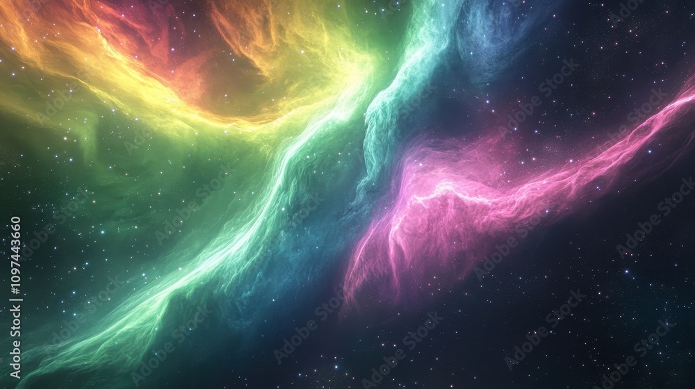 Vibrant Rainbow Nebula in Deep Space Cosmic Clouds of Gas and Dust, Starry Night Sky Background Vibrant Rainbow Nebula in Deep Space Cosmic Clouds of Gas and Dust, Starry Night Sky Background