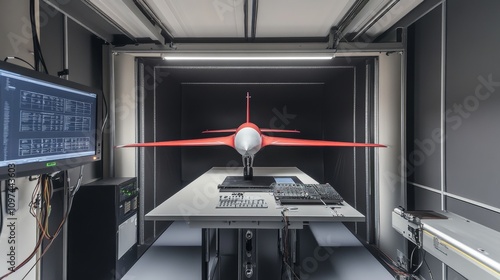 Wind tunnel testing model in action, showcasing aerodynamic principles and engineering innovation.
