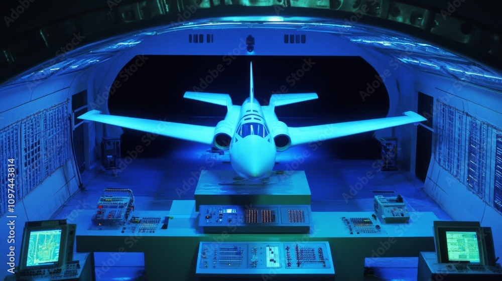 Obraz premium Wind tunnel testing model in action, showcasing aerodynamic principles and engineering innovation.