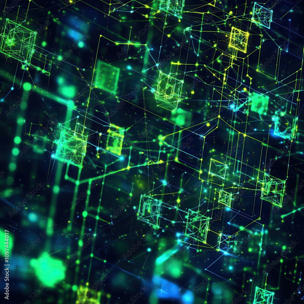 Abstract Network Glowing Green and Blue Nodes Connected by Lines, Futuristic Technology Background Abstract Network Glowing Green and Blue Nodes Connected by Lines, Futuristic Technology Background
