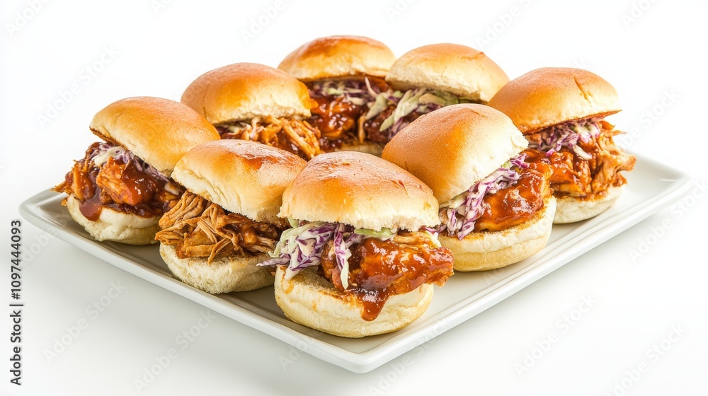 A mouthwatering plate of BBQ pulled chicken sliders with coleslaw on mini brioche buns, Each slider's tender chicken and tangy slaw captured with precision A mouthwatering plate of BBQ pulled chicken sliders with coleslaw on mini brioche buns, Each slider's tender chicken and tangy slaw captured with precision