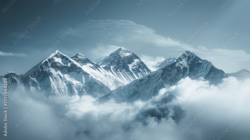 Obraz premium 珠穆朗玛峰高峰雪山最高海拔云雾云层