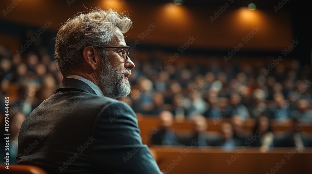 Obraz premium Thoughtful Man Attending Courtroom Session with Engaged Audience