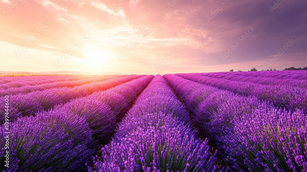 Stunning Lavender Field at Sunrise Rows of Purple Flowers in Vibrant Sunset Light, Provence, France Stunning Lavender Field at Sunrise Rows of Purple Flowers in Vibrant Sunset Light, Provence, France