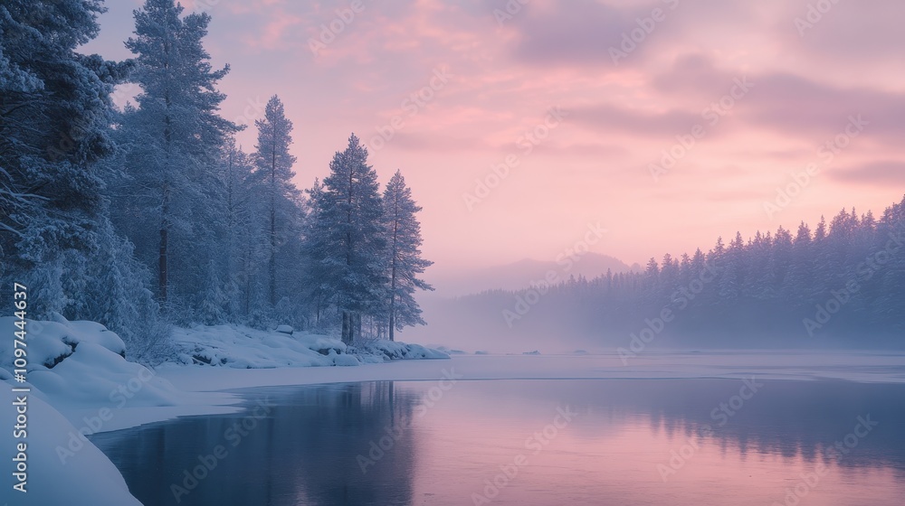 Fototapeta premium Serene Winter Sunrise Pink Sky Reflected on Frozen Lake with Snow-Covered Pine Trees