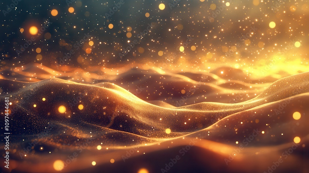 Naklejka premium Golden Glittering Abstract Background Luxurious Sparkling Texture with Bokeh Lights for Festive Designs