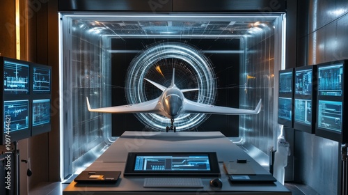 Wind tunnel testing model in action, showcasing aerodynamic principles and engineering innovation.