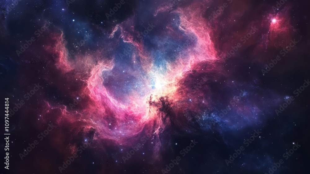 Fototapeta premium Stunning Nebula in Deep Space Vibrant Pink, Purple, and Blue Cosmic Cloudscape with Sparkling Stars - High-Resolution Astronomy Image