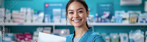 Mental Health and Wellness Concept, A smiling pharmacist holding a prescription in front of a well-stocked pharmacy shelf. photo