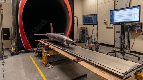 Wind tunnel testing model in action, showcasing aerodynamic principles and engineering innovation.