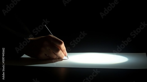 A hand signing a document, illuminated by a spotlight, symbolizing policy creation and agreement photo