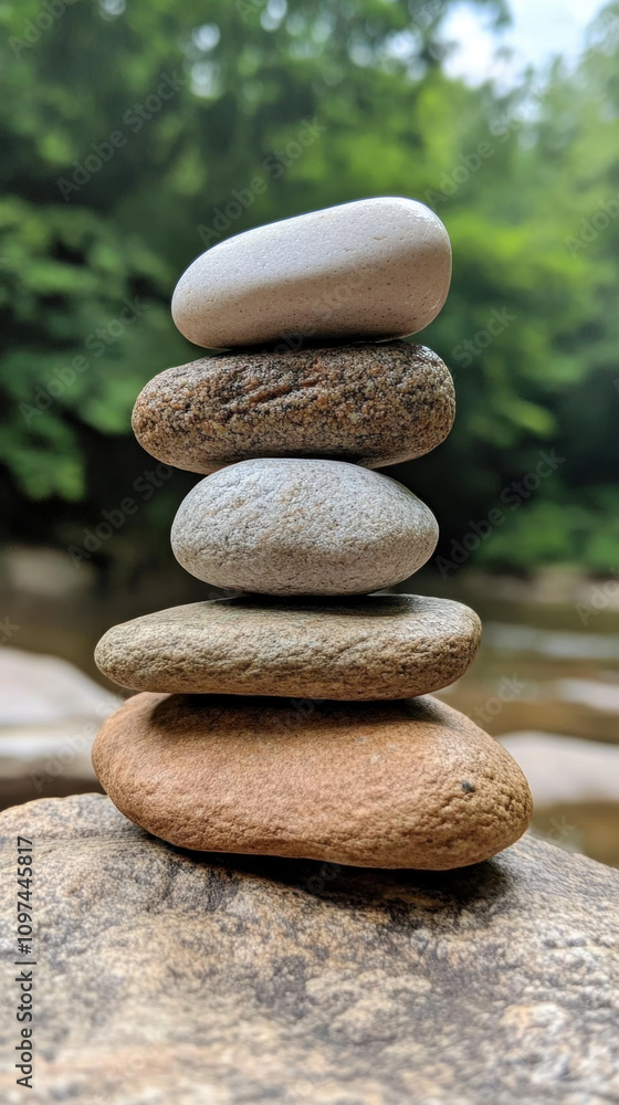 Emotional Balance. A serene stack of smooth stones balanced atop one another, set against a lush green background near a river. Emotional Balance. A serene stack of smooth stones balanced atop one another, set against a lush green background near a river.
