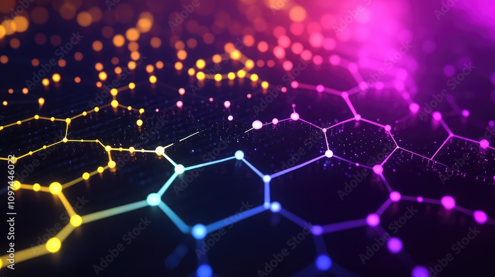 Fototapeta premium Stylized hexagon data grid with vibrant colors, showing interconnected data points over a dark, minimalist background