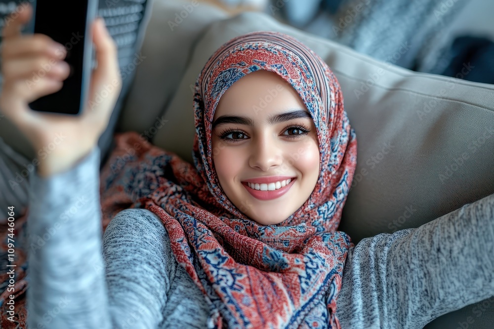 Smiling woman in hijab uses phone. Perfect for blogs, websites, or social media needing diverse representation. Smiling woman in hijab uses phone. Perfect for blogs, websites, or social media needing diverse representation.